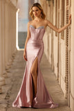 Dusty Rose Mermaid Corset Strapless Beaded Prom Dress