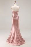 Mermaid Corset Strapless Dusty Rose Prom Dress with Rhinestones