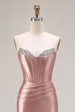 Mermaid Corset Strapless Dusty Rose Prom Dress with Rhinestones