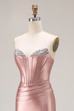Mermaid Corset Strapless Dusty Rose Prom Dress with Rhinestones