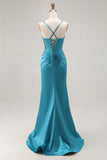 Peacock Blue Mermaid Corset Cut Out Ruched Prom Dress