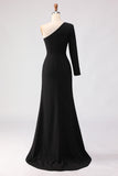 Black Asymmetrical Neck Sheath Long Mother of the Bride Dress With Slit
