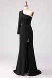 Black Asymmetrical Neck Sheath Long Mother of the Bride Dress With Slit
