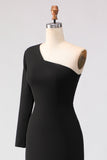 Black Asymmetrical Neck Sheath Long Mother of the Bride Dress With Slit