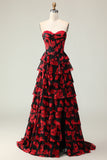 Black Red Floral Strapless Corset A Line Prom Dress