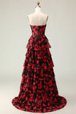 Black Red Floral Strapless Corset A Line Prom Dress