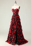 Black Red Floral Strapless Corset A Line Prom Dress