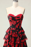 Black Red Floral Strapless Corset A Line Prom Dress