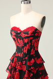 Black Red Floral Strapless Corset A Line Prom Dress