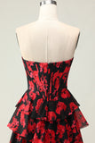 Black Red Floral Strapless Corset A Line Prom Dress