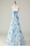 White Blue Floral Tiered Strapless Mermaid Prom Dress with Bow