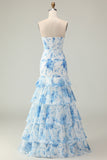 White Blue Floral Tiered Strapless Mermaid Prom Dress with Bow