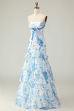 White Blue Floral Tiered Strapless Mermaid Prom Dress with Bow