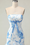 White Blue Floral Tiered Strapless Mermaid Prom Dress with Bow