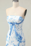 White Blue Floral Tiered Strapless Mermaid Prom Dress with Bow