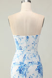 White Blue Floral Tiered Strapless Mermaid Prom Dress with Bow