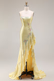 Mermaid Yellow Strapless Beaded Floral High-Low Prom Dress with Ruffles