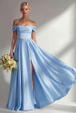 Blue Off the Shoulder A Line Satin Bridesmaid Dress