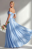 Blue Off the Shoulder A Line Satin Bridesmaid Dress