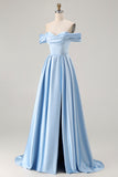Blue Off the Shoulder A Line Satin Bridesmaid Dress