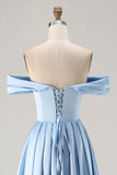 Blue Off the Shoulder A Line Satin Bridesmaid Dress