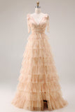 Champagne Floral Tiered Tulle V-Neck Long Prom Dress with Slit