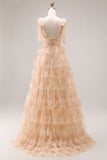 Champagne Floral Tiered Tulle V-Neck Long Prom Dress with Slit