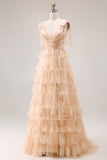 Champagne Floral Tiered Tulle V-Neck Long Prom Dress with Slit