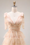 Champagne Floral Tiered Tulle V-Neck Long Prom Dress with Slit