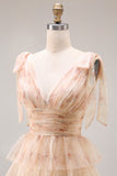 Champagne Floral Tiered Tulle V-Neck Long Prom Dress with Slit