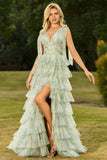 Green Floral Tulle A Line Tiered Ruffle Long Prom Dress with Slit