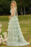 Green Floral Tulle A Line Tiered Ruffle Long Prom Dress with Slit