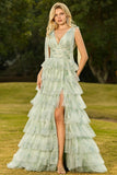 Green Floral Tulle A Line Tiered Ruffle Long Prom Dress with Slit