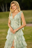 Green Floral Tulle A Line Tiered Ruffle Long Prom Dress with Slit