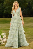 Green Floral Tulle A Line Tiered Ruffle Long Prom Dress with Slit