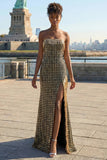 Black Golden Strapless Sheath Prom Dress With Slit