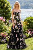 Mermaid Black Pink Flower Sequin Tiered Long Prom Dress with Ruffles