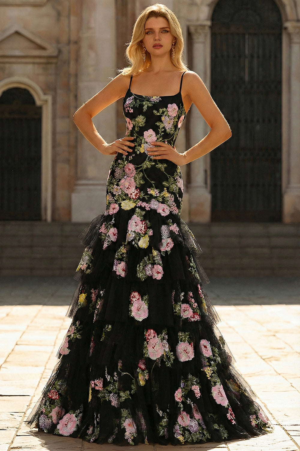 WEDTREND Women Black Pink Flower Long Prom Dress with Ruffles Sequin