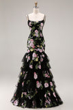 Mermaid Black Pink Flower Tiered Long Prom Dress with Ruffles