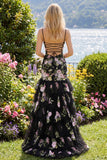 Mermaid Black Pink Flower Sequin Tiered Long Prom Dress with Ruffles