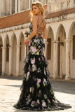 Mermaid Black Pink Flower Tiered Long Prom Dress with Ruffles