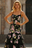 Mermaid Black Pink Flower Tiered Long Prom Dress with Ruffles