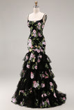 Floral Black Mermaid Tiered Tulle Spaghetti Straps Long Prom Dress