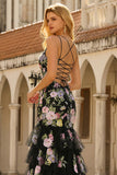 Mermaid Black Pink Flower Tiered Long Prom Dress with Ruffles