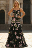 Black Pink Flower Mermaid Tiered Sequin Plus Size Prom Dress