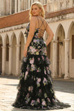 Black Pink Flower Mermaid Tiered Sequin Plus Size Prom Dress
