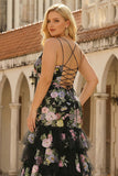 Black Pink Flower Mermaid Tiered Sequin Plus Size Prom Dress