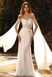 White Sweetheart Mermaid Pearl Sequin Corset Long Prom Dress with Streamer