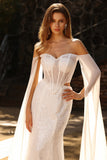 White Sweetheart Mermaid Pearl Sequin Corset Long Prom Dress with Streamer