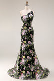 One Shoulder Sequin Black Pink Flower Mermaid Prom Dress